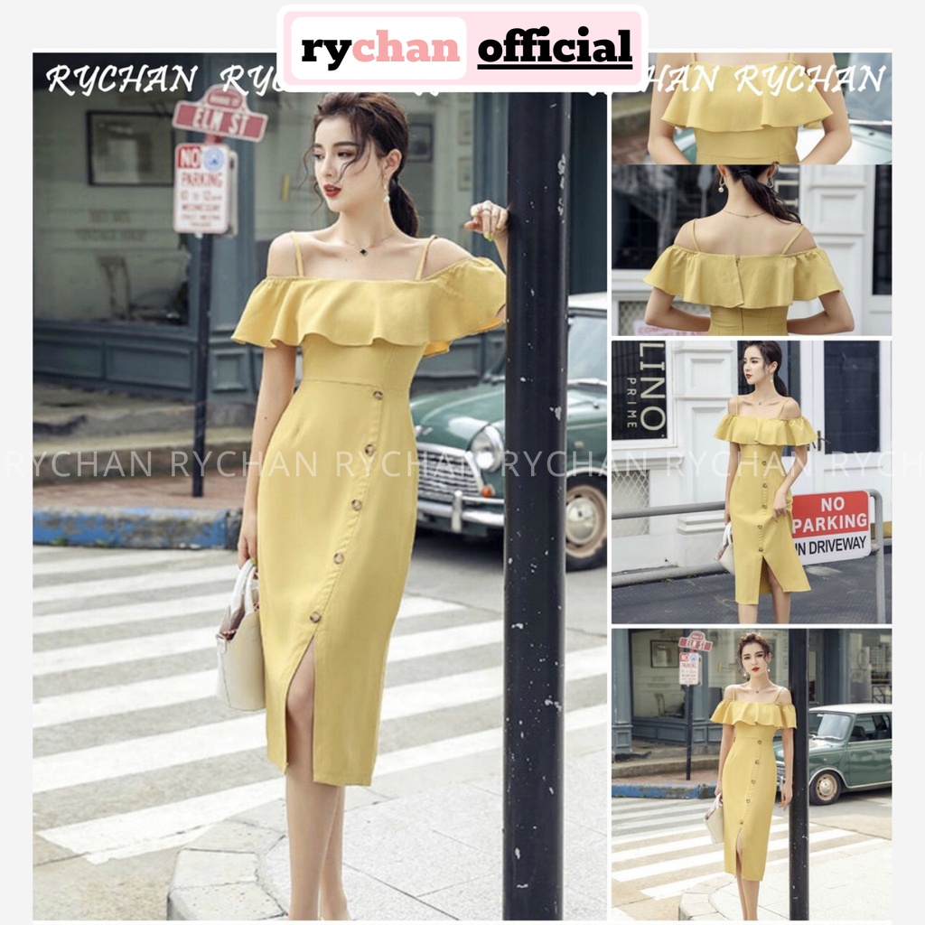 [ẢNH THẬT CUỐI] Đầm Xòe Vàng Trễ Vai Hai Dây Xẻ Trước - DX942