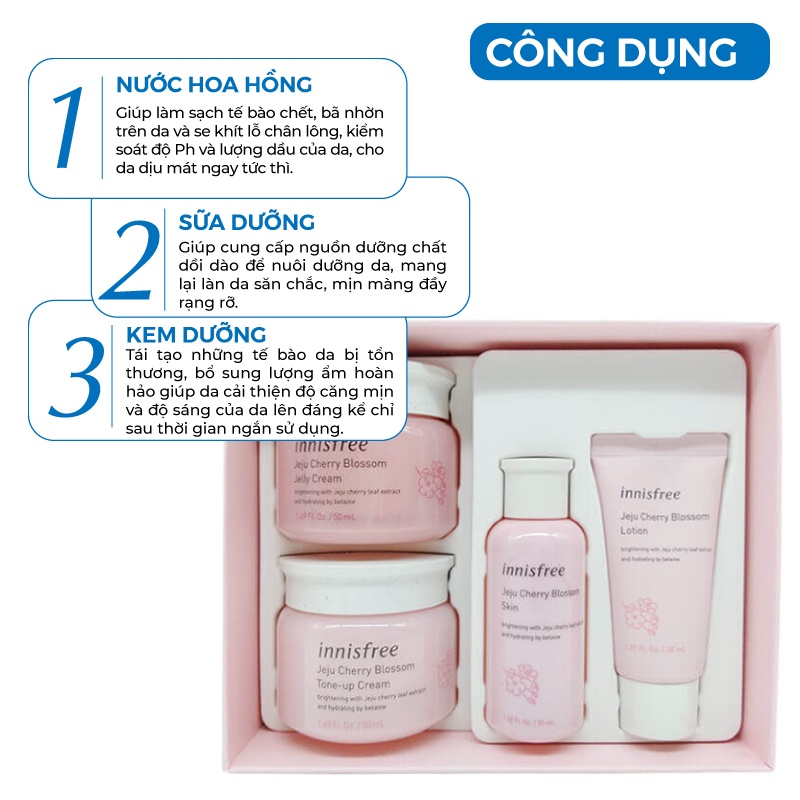 Bộ trắng da - Set dưỡng da chăm sóc da mặt hoa anh đào Innisfree Jeju Cherry Blossom Cream Đủ Set