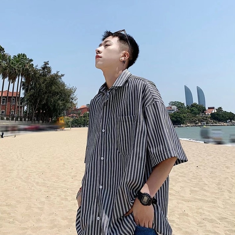 Áo Sơ Mi Tay Ngắn Kẻ Sọc Thời Trang Hàn Quốc Cho Nam