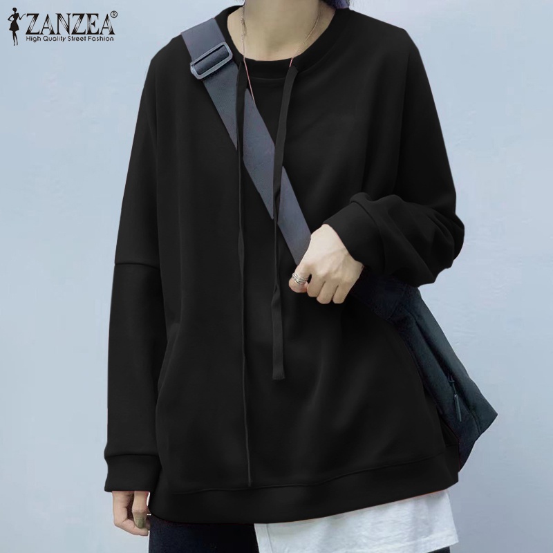 Áo khoác hoodie ZANZEA màu trơn cổ tròn tay dài thời trang dành cho nữ