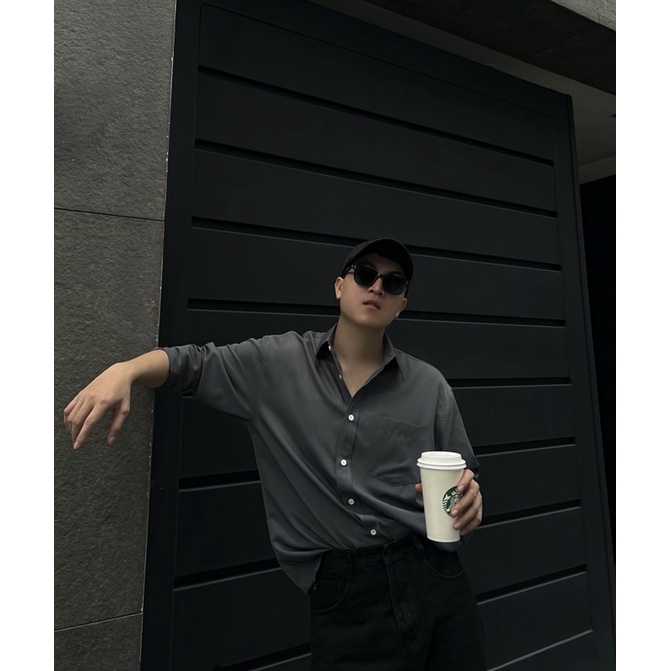 SIAM SƠ MI TAY DÀI MỘT TÚI MÀU XÁM PHOM RỘNG