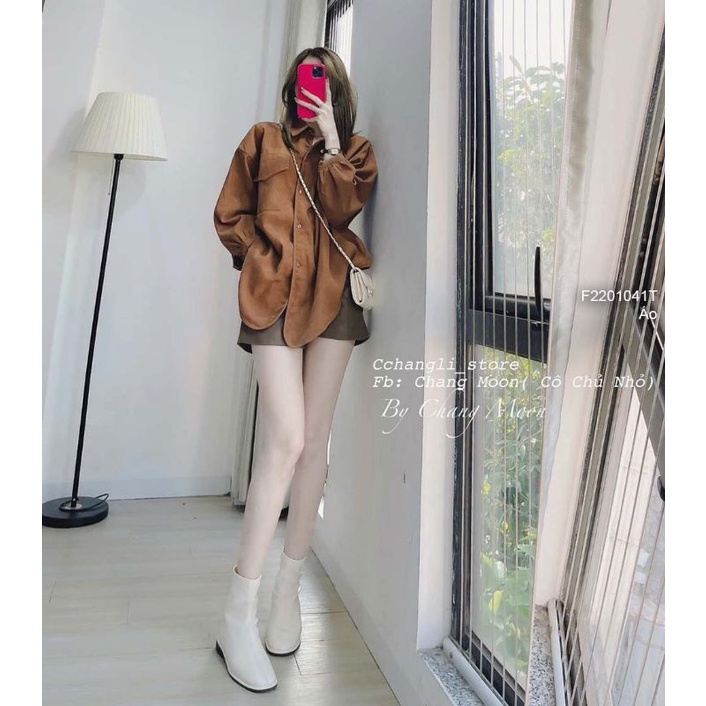 Áo sơ mi nhung đắp một túi hộp form rộng siêu xinh 2201