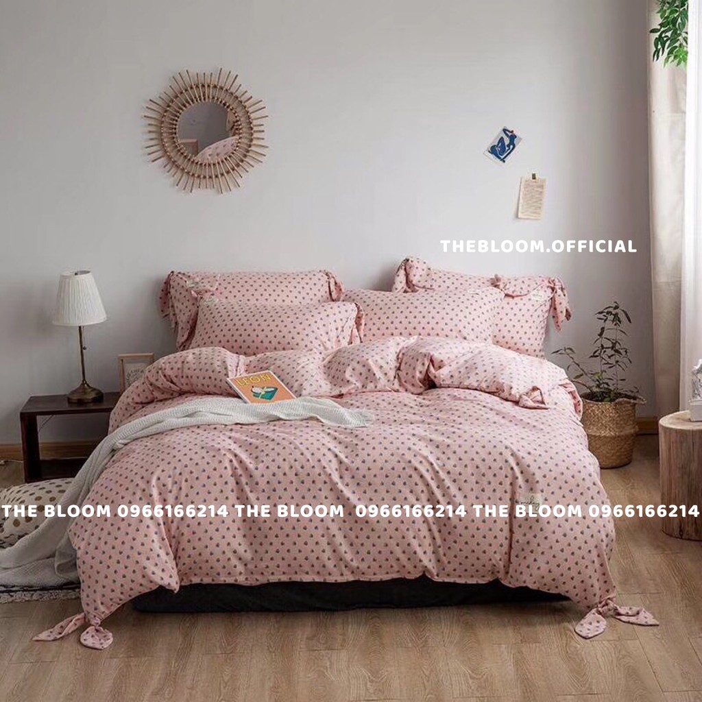Set Chăn Ga Gối Silk Đũi 4 món - Tim hồng nơ góc