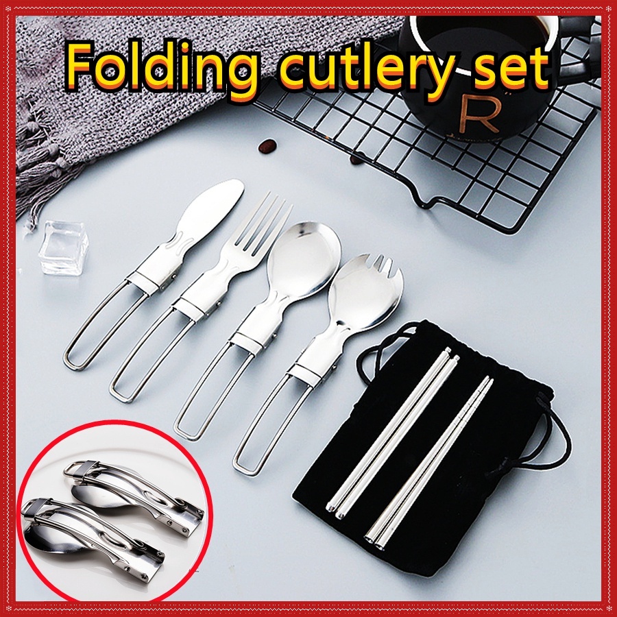 (COD) Thép không gỉ 304 Đũa Nĩa Muỗng Bộ đồ ăn Nhà bếp Bộ dao kéo có thể gập lại Du lịch ngoài trời Dã ngoại 【bluesky1990】