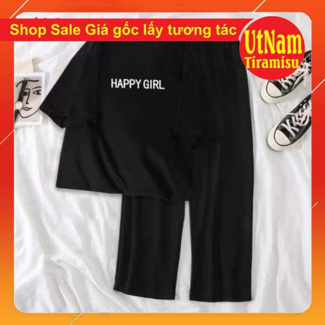 Sét áo phông happy girl + quần suôngBộ đồ nữ mặc nhà, áo thun tay lỡ + quần ống rộng phong cách Hàn Quốc; Unisex giá rẻ