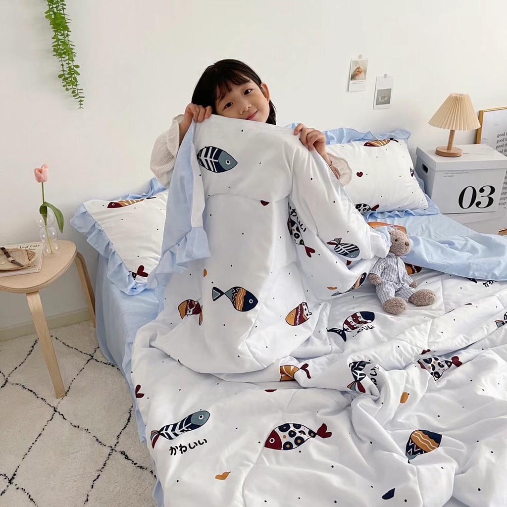 Bộ chăn đũi hè vỏ ga và 2 vỏ gối M2T bedding chăn lót bông thiết kế phối bèo họa tiết Đại Dương xanh