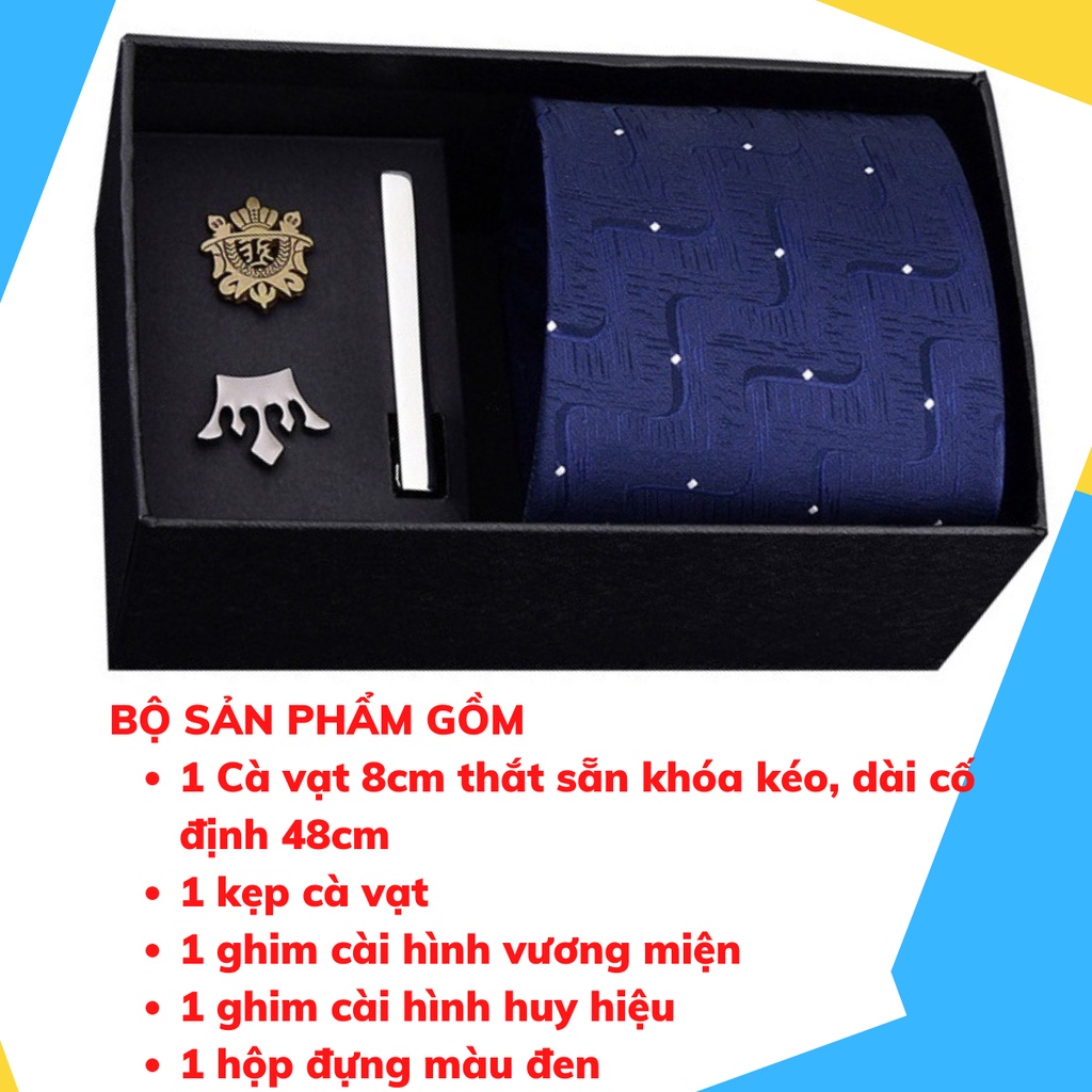 Set cà vạt bản to 8cm làm quà tặng cho Nam gồm cà vạt, kẹp cà vạt, ghim cài áo đóng hộp lịch sự CCV-10