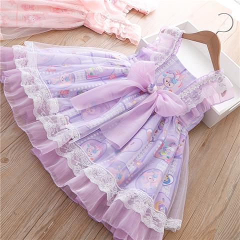Đầm Lolita Sát Nách Phối Nơ In Họa Tiết Hoạt Hình Thời Trang Mùa Hè Cho Bé Gái