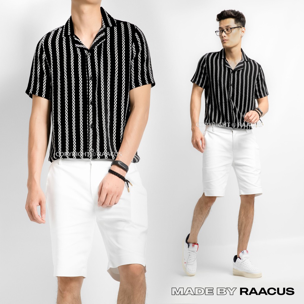 Áo sơ mi nam kiểu Hàn Quốc cổ vest cao cấp RAACUSSTORE, áo sơ mi nam công sở tay ngắn form rộng họa tiết dây xích-A696 | BigBuy360 - bigbuy360.vn