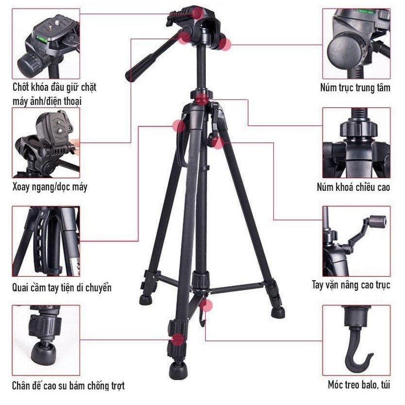 Chân Máy Ảnh Tripod Weifeng WT-3520 Hợp Kim Cao Cấp Tặng Đầu Kẹp Điện Thoại