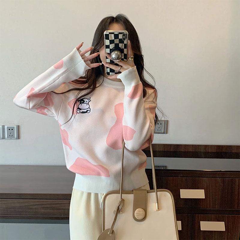 Áo len ZHELIHANGFEI tay dài dáng rộng họa tiết thêu dễ thương theo phong cách Preppy cho nữ