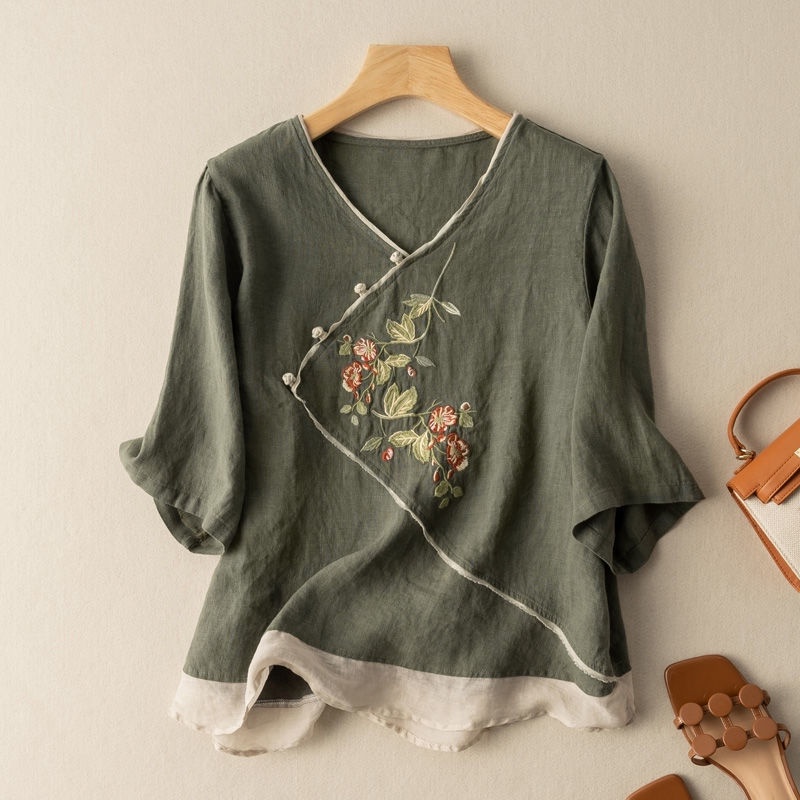 ☻ L O T U S ☻ Plus Size V Cổ Áo Blouse Nữ Phong Cách CAL1769