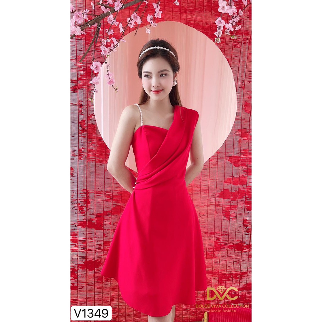 Váy đỏ lệch vai dây ngọc - DVC maidieuhuyen kèm ảnh thật và video do shop tự quay tự chụp V1349 | BigBuy360 - bigbuy360.vn