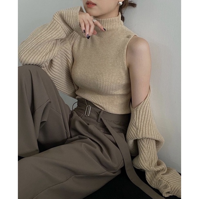 Áo len cao cổ ngắn tay bên trong + 2 mảnh cardigan bên khoác ngoài
