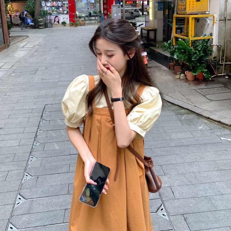 Set yếm xinh set đi picnic, đi chơi, đi du lịch áo voan yếm thô nâu dáng dài form oversize (ảnh thật/có sẵn)