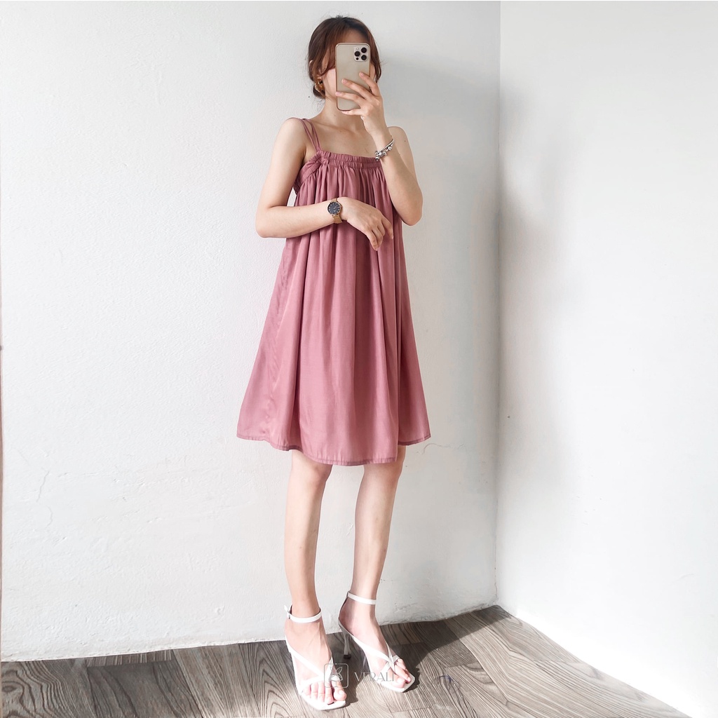 Váy dây dáng suông xanh bơ xanh cốm vàng freesize lụa hai lớp Harriet