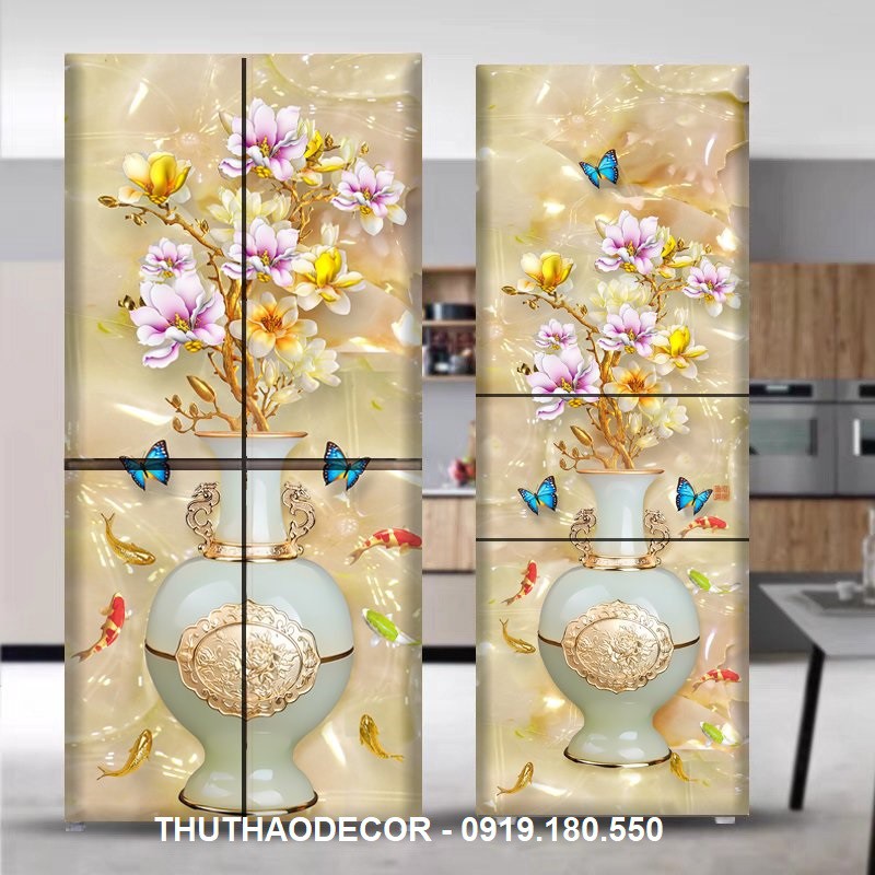 Decal dán tủ lạnh 3D BÌNH NGỌC XANH SANG TRỌNG chống nước và lau chùi thoài mái