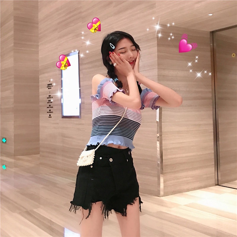 Áo thun COZOKC trễ vai tay ngắn họa tiết kẻ sọc màu tương phản phong cách Hàn Quốc cho nữ