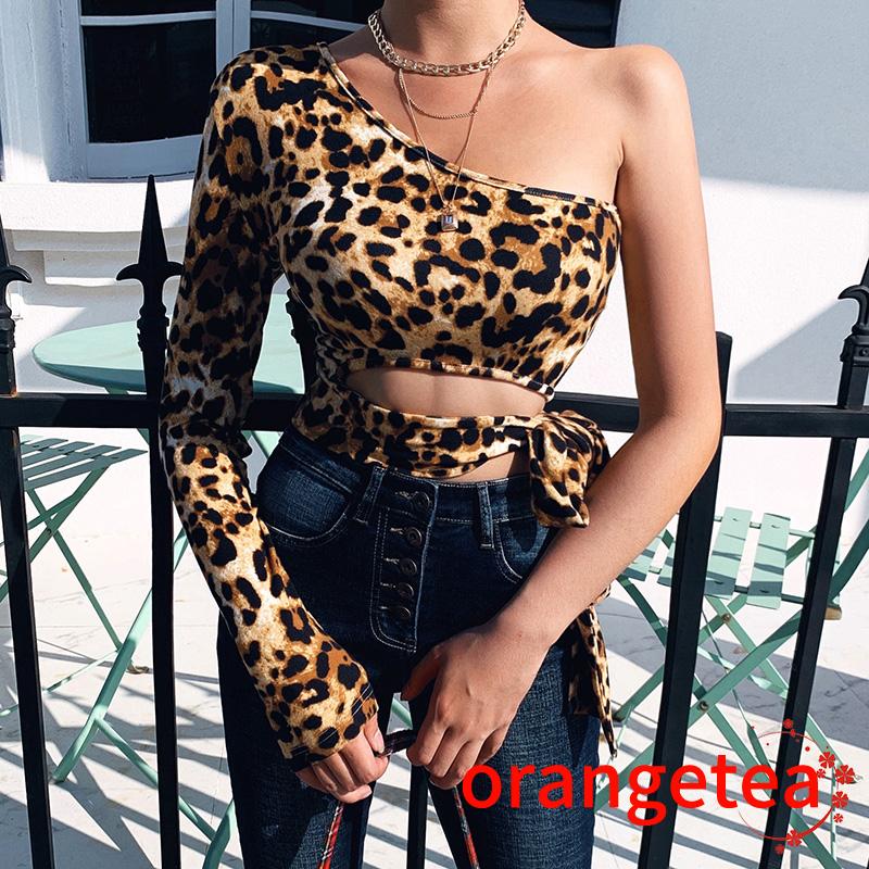 Áo Croptop Trễ Vai Tay Dài Dáng Ôm In Họa Tiết Da Báo Thời Trang Quyến Rũ Cho Nữ