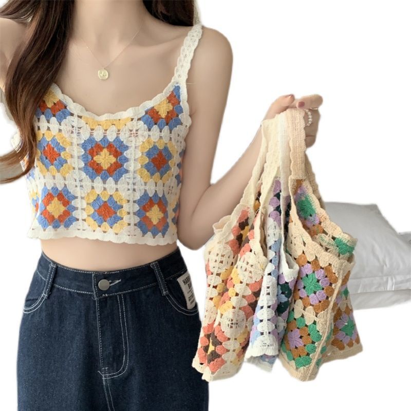 Áo Hai Dây Nhỏ Ngắn Thêu Họa Tiết Hoa Màu Sắc Retro Thời Trang Mùa Hè Cho Nữ