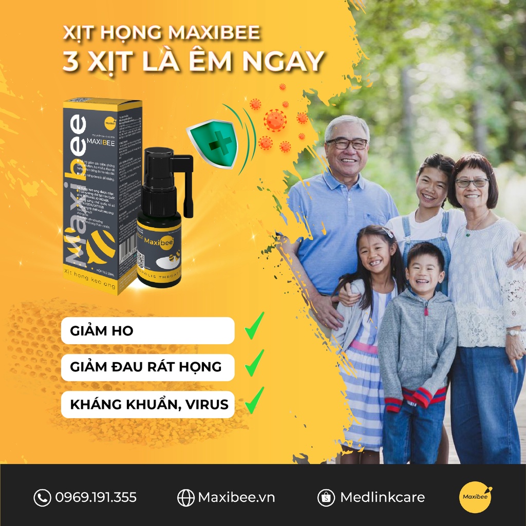 Xịt họng keo ong Maxibee - Giảm ho, giảm đau rát họng, giảm ngứa họng cho trẻ em và người lớn - Chai 20ml
