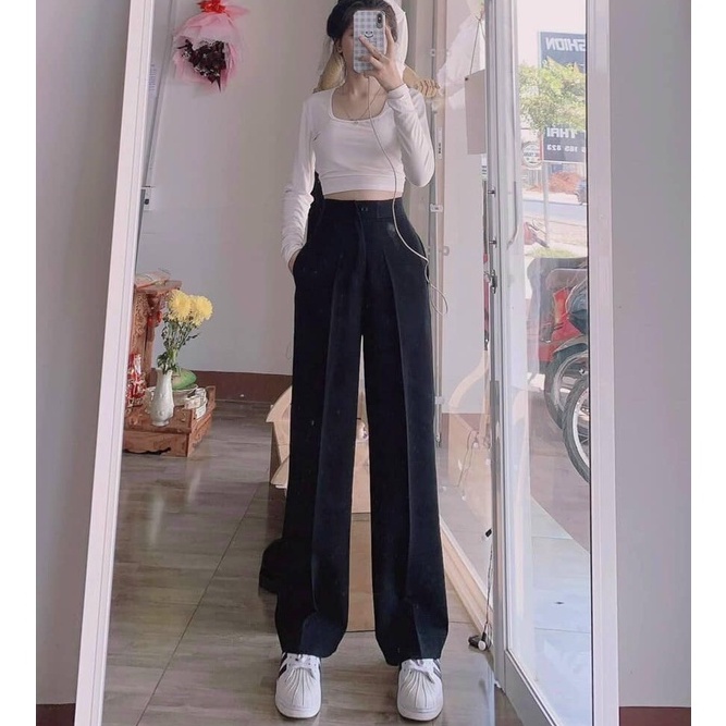 Quần tây ống rộng lưng cao đi học khóa kéo vải tuyết mưa mềm - Quần ống Suông dài nữ cạp cao dáng dài đứng mặc công sở