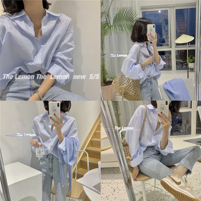 Áo sơ mi tay dài họa tiết sọc thời trang xuân hè sành điệu cho nữ