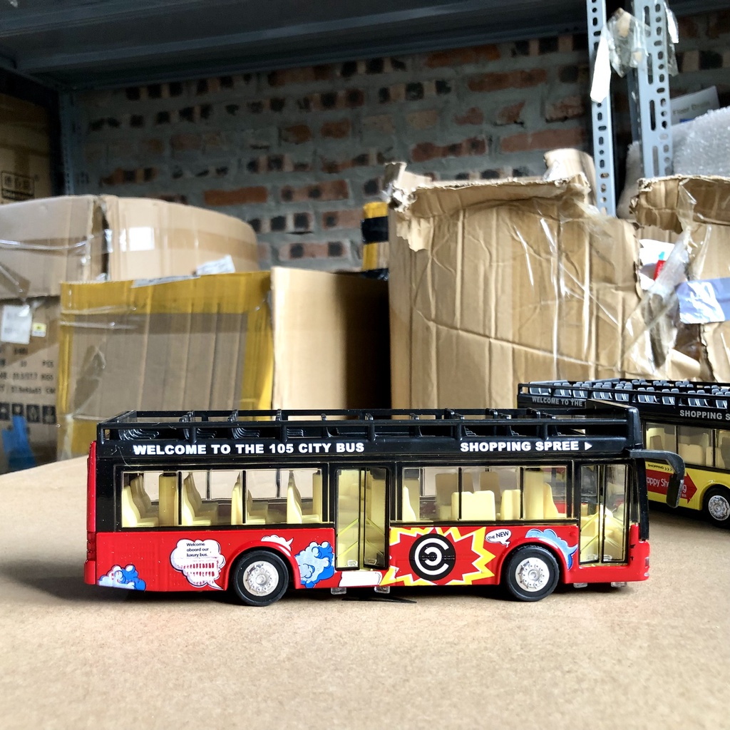 Đồ chơi mô hình xe bus 2 tầng mui trần KAVY có nhạc và đèn chạy cót bằng kim loại bền bỉ, xe thăm quan du lịch thành phố