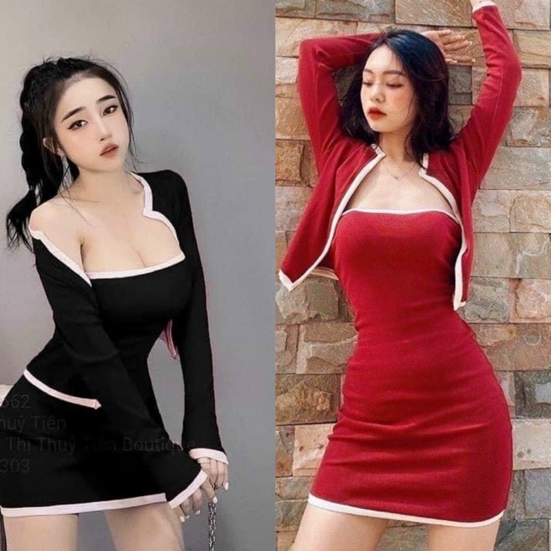 SET ĐẦM ỐNG VIỀN KÈM KHOÁT CROP TOP TAY DÀI