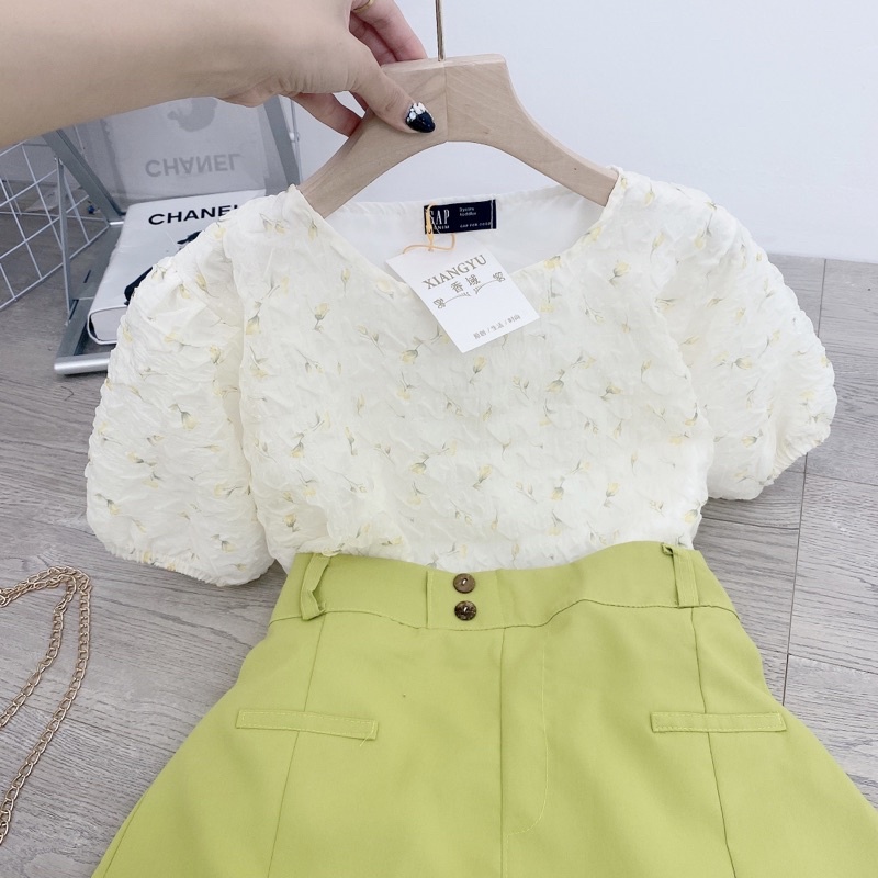 ✔ 𝗙𝗥𝗘𝗘 𝗦𝗛𝗜𝗣 SÉT ÁO HOA NỔI XANH CỐM MIX CÙNG CHÂN VÁY 2DA CÓ LỚP LÓT Ạ