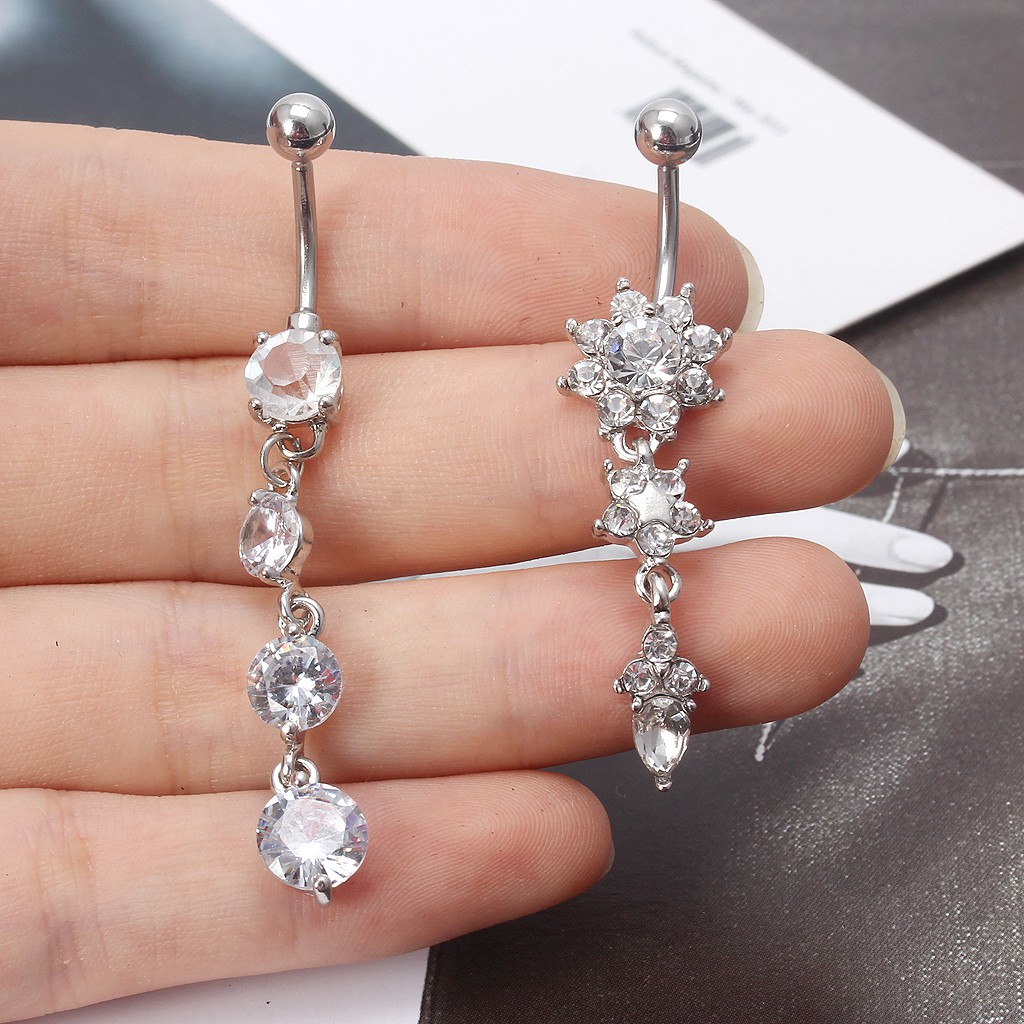 Khuyên rốn dạng thanh dài đính đá bằng thép không gỉ