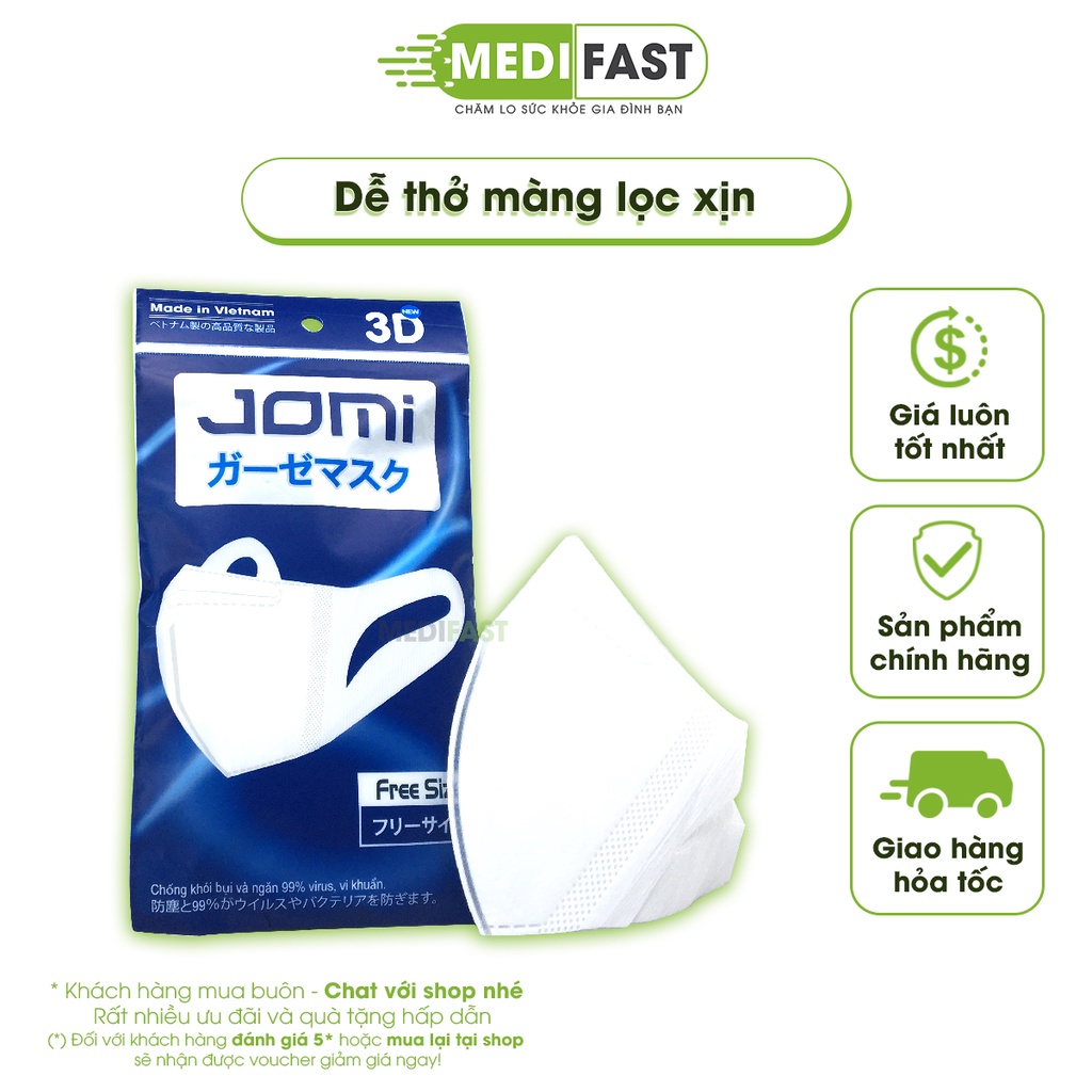 Khẩu trang 4D Jomi  Lọc khói bụi mịn với màng lọc Meltblown, kháng khuẩn tốt, dây co giãn túi 5 chiếc màu trắng