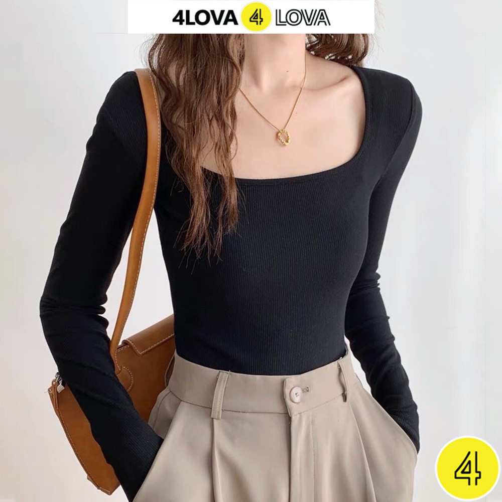 Áo thun nữ dài tay cổ vuông 4LOVA dáng ôm body chất cotton co giãn cao cấp mềm mại | BigBuy360 - bigbuy360.vn