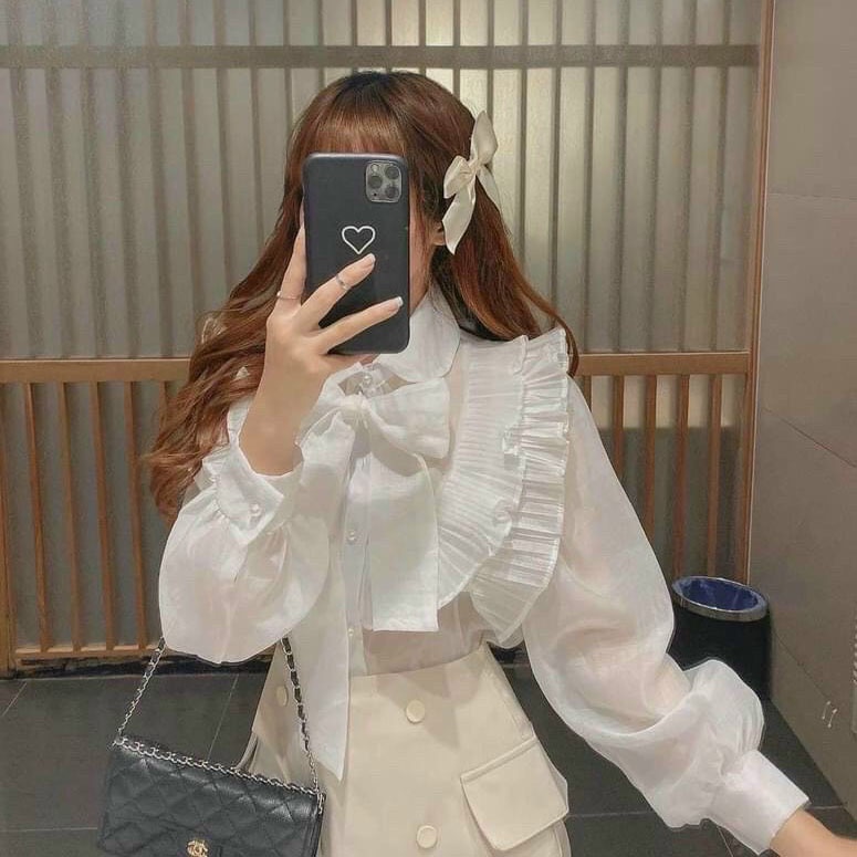Áo Sơ Mi Tiểu Thư 2 Lớp Tay Phồng Cổ Bẻ Nhún Bèo Dáng Rộng 65Kg Trở Lại Ulzzang - MX