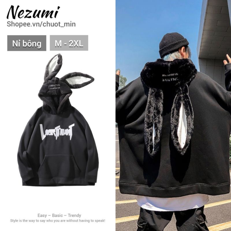 Áo hoodie nỉ bông tai thỏ dài siêu to khổng lồ chữ ngực thêu mũ lông mềm mịn unisex nam nữ