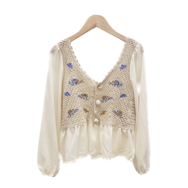 Brroa Áo Sơ Mi Tay Phồng Thêu Hoa Cài Nút Phía Trước Thời Trang Mùa Xuân Cho