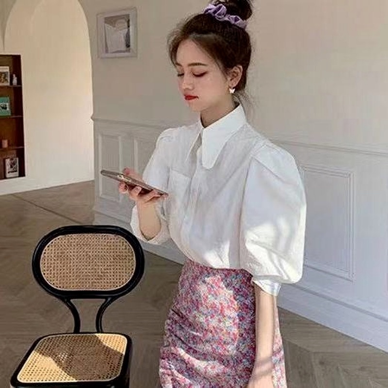 Áo Sơ Mi Ngắn Tay Cổ Búp Bê Phong Cách Cổ Điển Hàn Quốc Cho Nữ