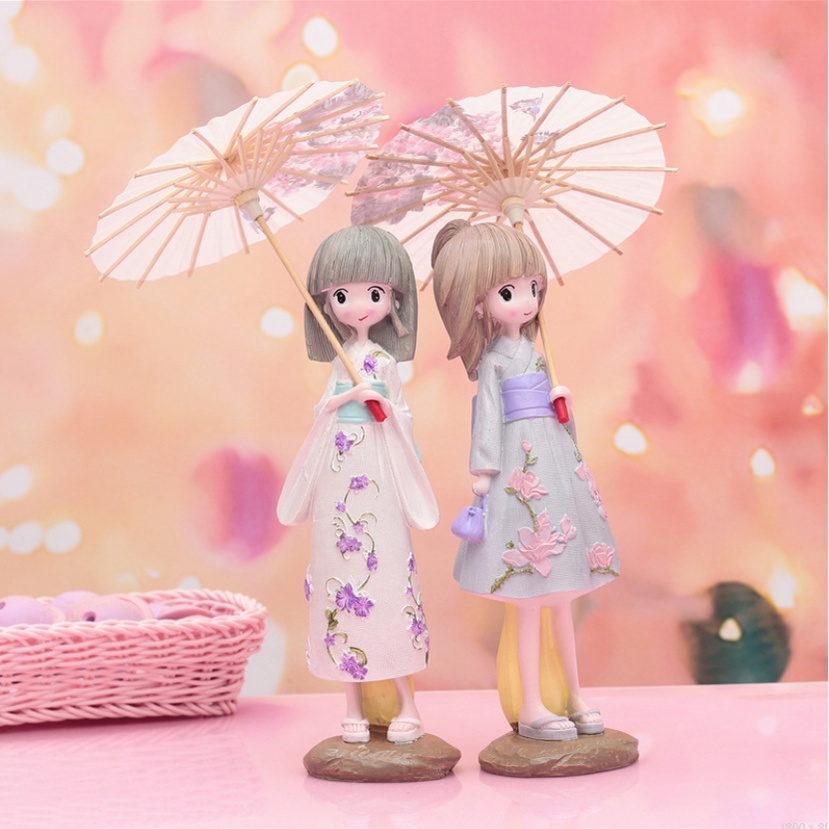 [Hàng mới về] Tượng trang trí để bàn hình cô gái Nhật Bản cầm dù mặc kimono - Đồ trang trí bàn size To búp bê Nhật Bản
