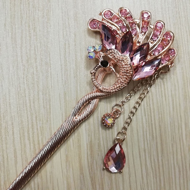 Trâm cài tóc đính hạt họa tiết chim công tua rua vintage