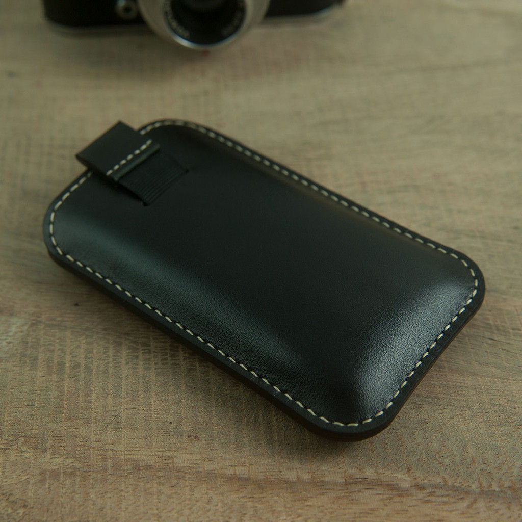 Bao điện thoại E72 - da bò thật - màu đen - handmade MC179