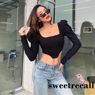 Áo Croptop Tay Phồng Cổ Vuông Màu Trơn Thời Trang Cho Nữ