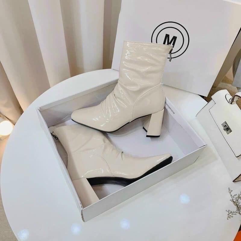 Boot nữ cổ cao da bóng, bốt nữ nhăn mũi vuông gót 7cm | BigBuy360 - bigbuy360.vn