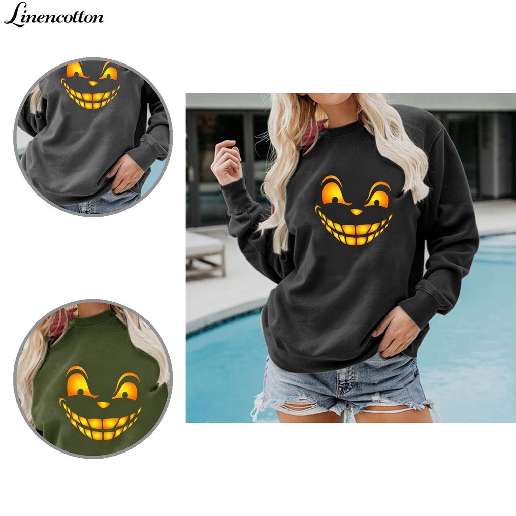 Áo Thun Tay Dài Cổ Tròn Chất Liệu Vải Lanh Thân Thiện Với Da In Họa Tiết Halloween