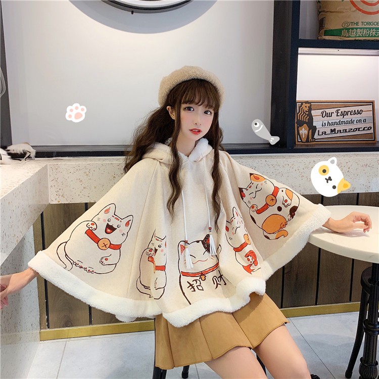 [Kèm ảnh thật] Poncho áo choàng nỉ bông mũ tai mèo hình mèo may mắn Maneki Neko Nhật Bản