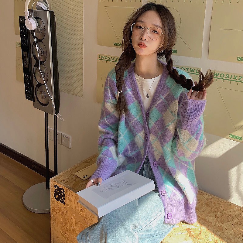 Áo Khoác cardigan Dệt Kim Tay Dài Dáng Rộng Họa Tiết Kẻ Sọc Màu Tương Phản Thời Trang Thu Đông Phong Cách Hàn Quốc Cho Nữ