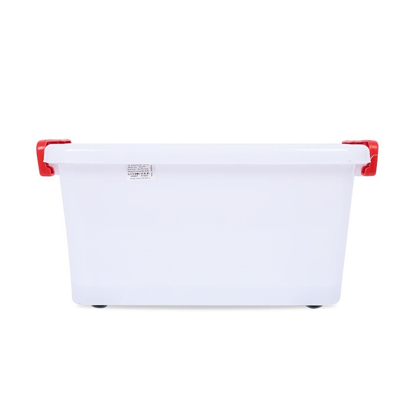 thùng nhựa đựng đồ có nắp khóa cài, 2 quai xách, có 4 bánh xe 15 lít, màu trắng 44x31x21 cm. DT749