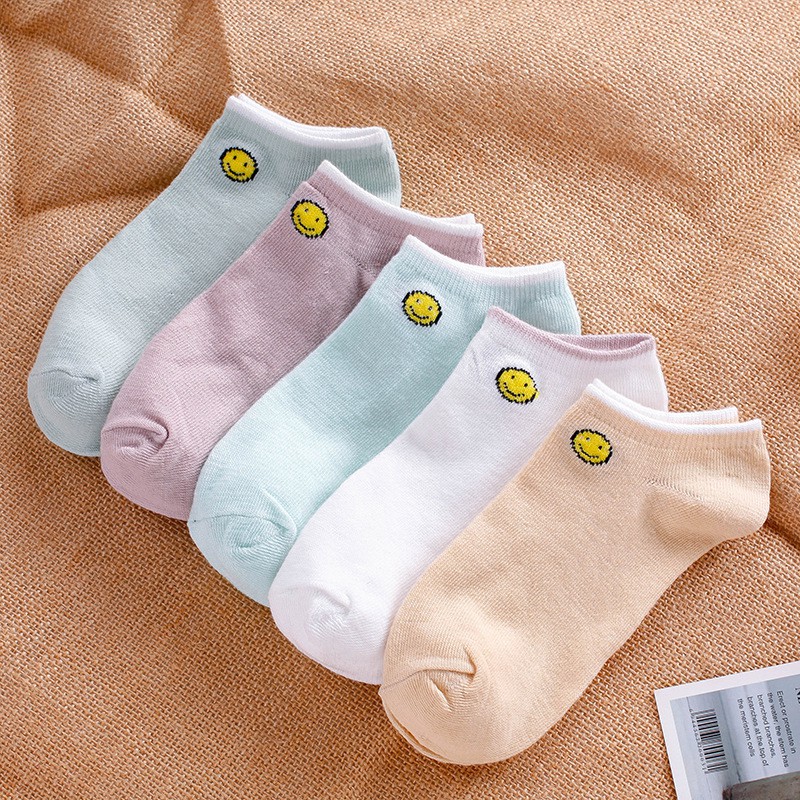 ❤️FREESHIP❤️ Tất - Vớ nữ mặt cười Cotton Trơn Ulzzang Cổ Ngắn gân tăm Phong Cách Vintage Hàn Quốc