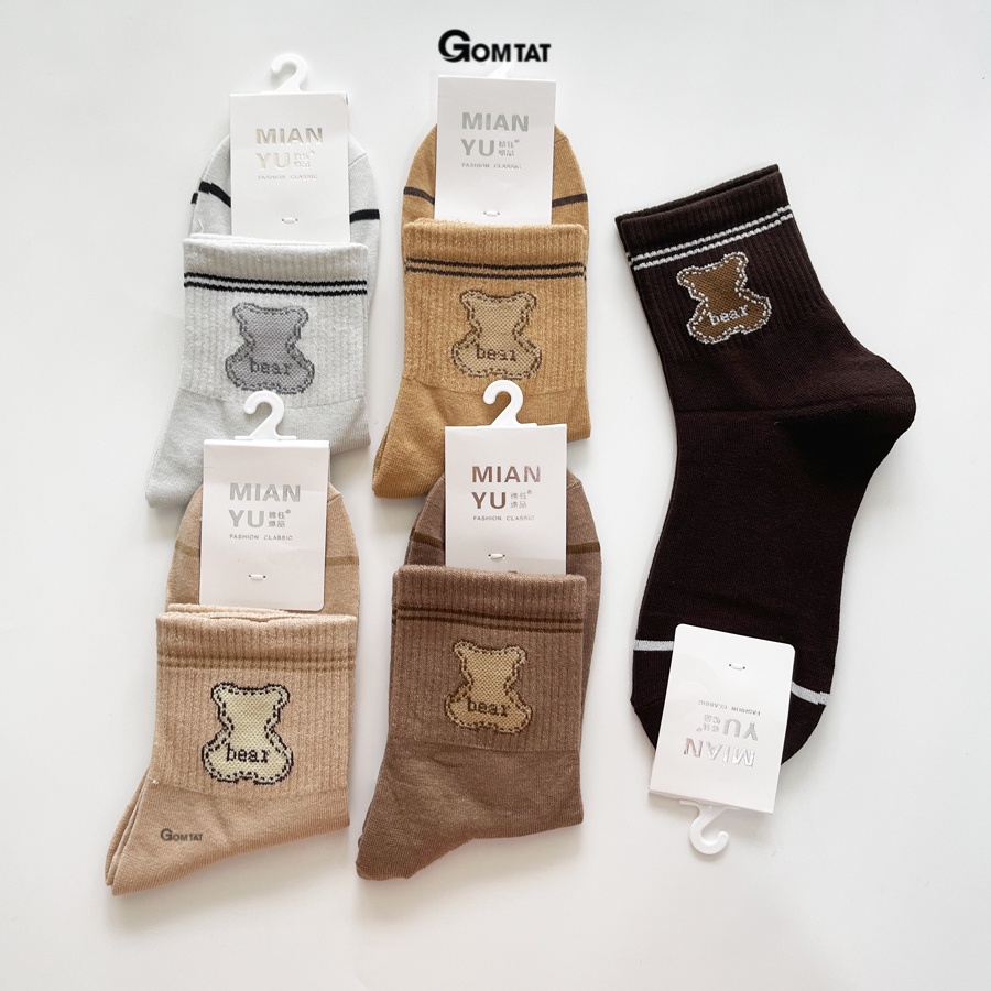 Set 5 đôi tất vớ nữ cổ trung GOMTAT họa tiết hình chú gấu, chất liệu cotton cao cấp mềm mại - LISU16-LUNG-GAU-BEAR