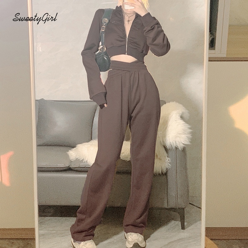 Áo croptop tay dài cổ cao có khóa kéo / Quần dài ống rộng lưng cao màu sắc thời trang cho nữ