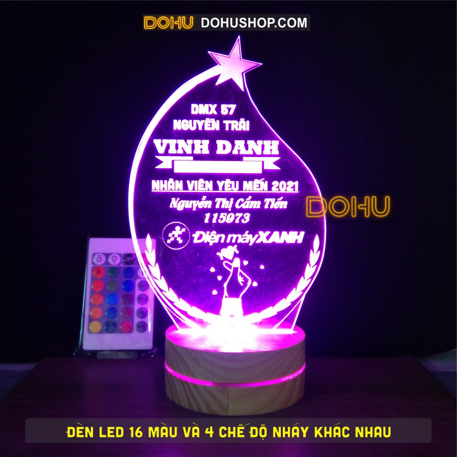 (Miễn phí khắc nội dung theo yêu cầu) Cúp Kỷ Niệm Chương [DOHU02] Bằng Nhựa Mica Khắc 3D Chìm - Có Led